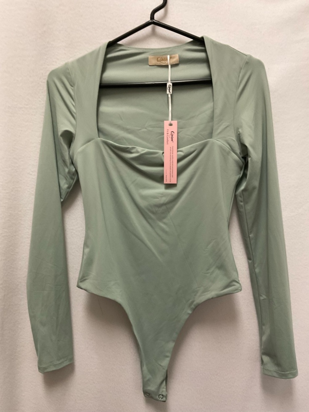 Qi Sage Green Long-Sleeve Square Neck Bodysuit